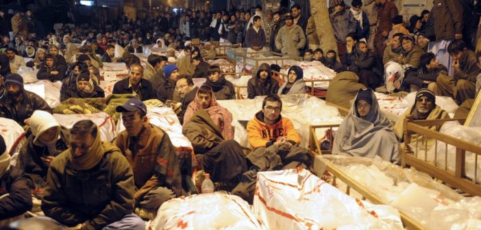 Refusing to bury their dead until justice is served: Hazaras with the corpses of the slain – January 12, 2013.