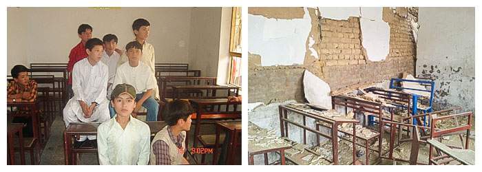 LEFT Khadim and classmates at school in Quetta. RIGHT Wreckage at Khadim’s school after the bomb explosion at the nearby Hazara Town market.